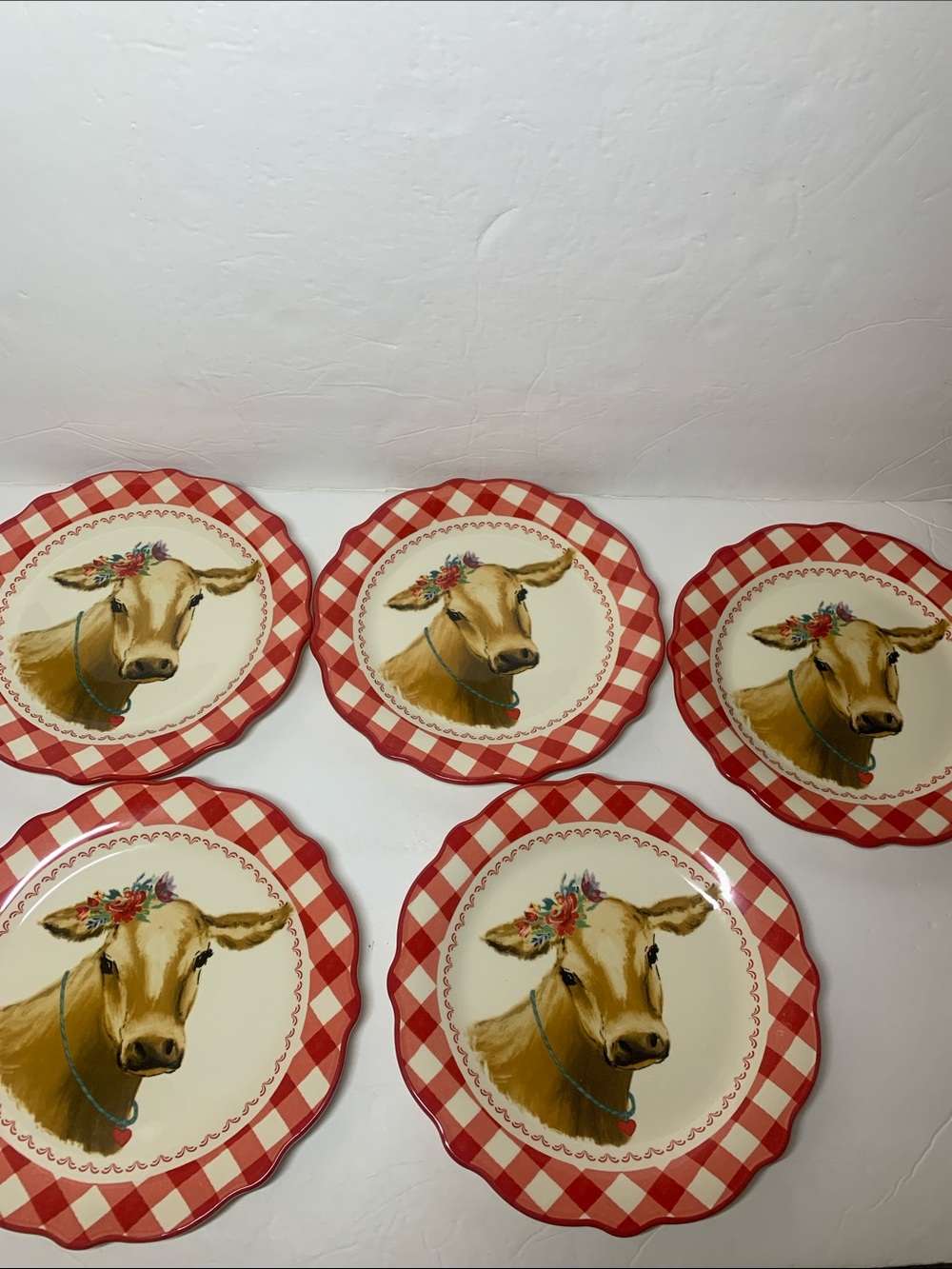 Pioneer Woman 9” Cow Plates Red Gingham Farmhouse Set of 5 NWT